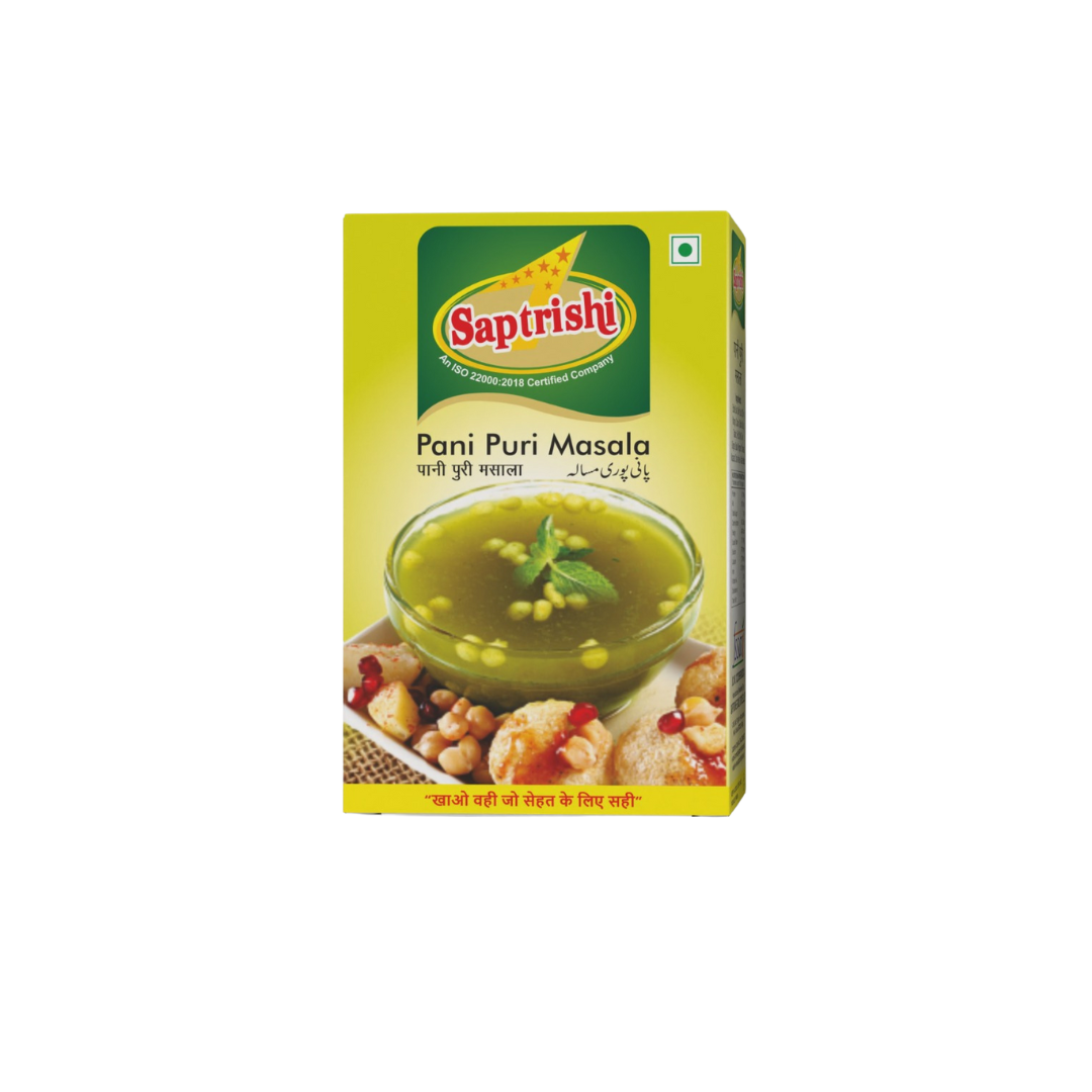 SAPTRISHI Pani Puri Masala pack beside golgappa and chutneys