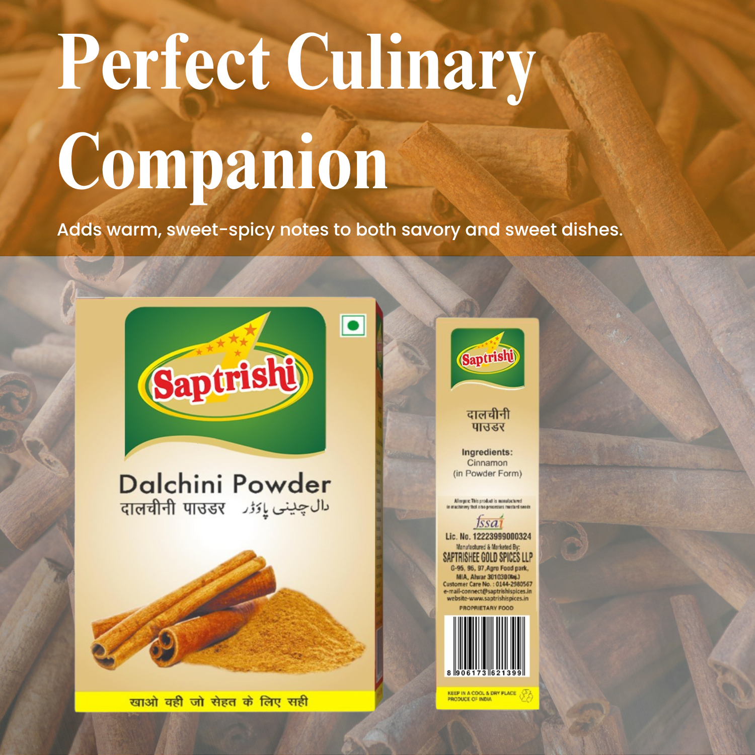 Dalchini Powder pouch beside cinnamon sticks and a cup of tea