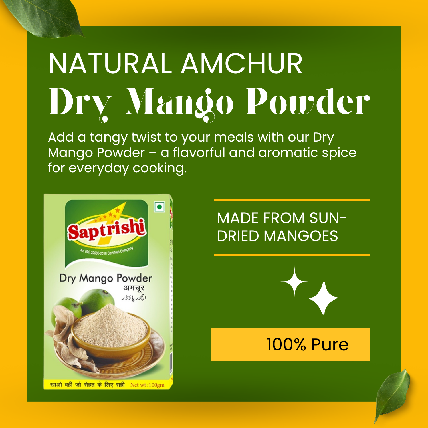 Box of SAPTRISHI Amchoor Powder with dry mango pieces beside it
