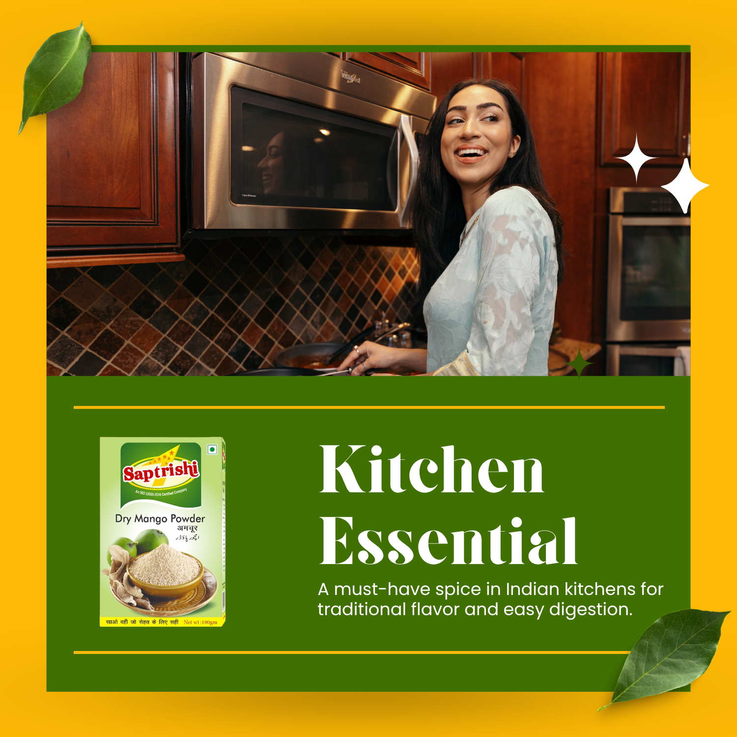Indian spice collection featuring SAPTRISHI Amchoor Powder box