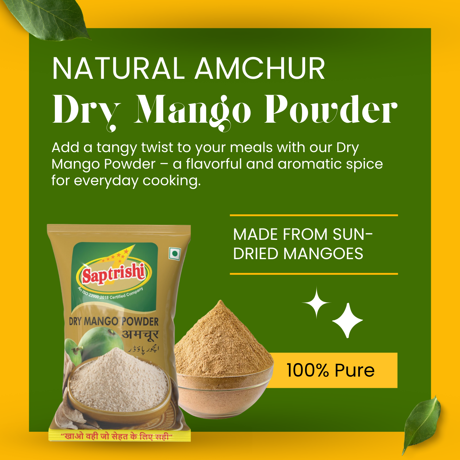 Close-up of SAPTRISHI Amchoor Powder label and branding