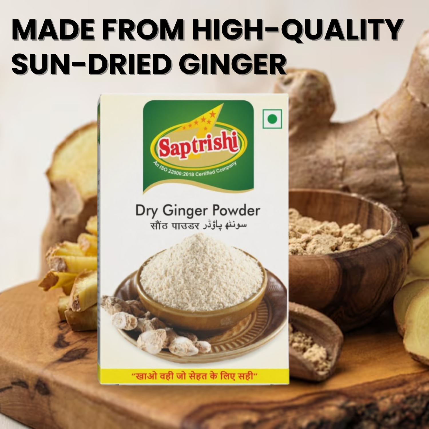 Dry Ginger Powder by SAPTRISHI next to ginger roots and tea cup