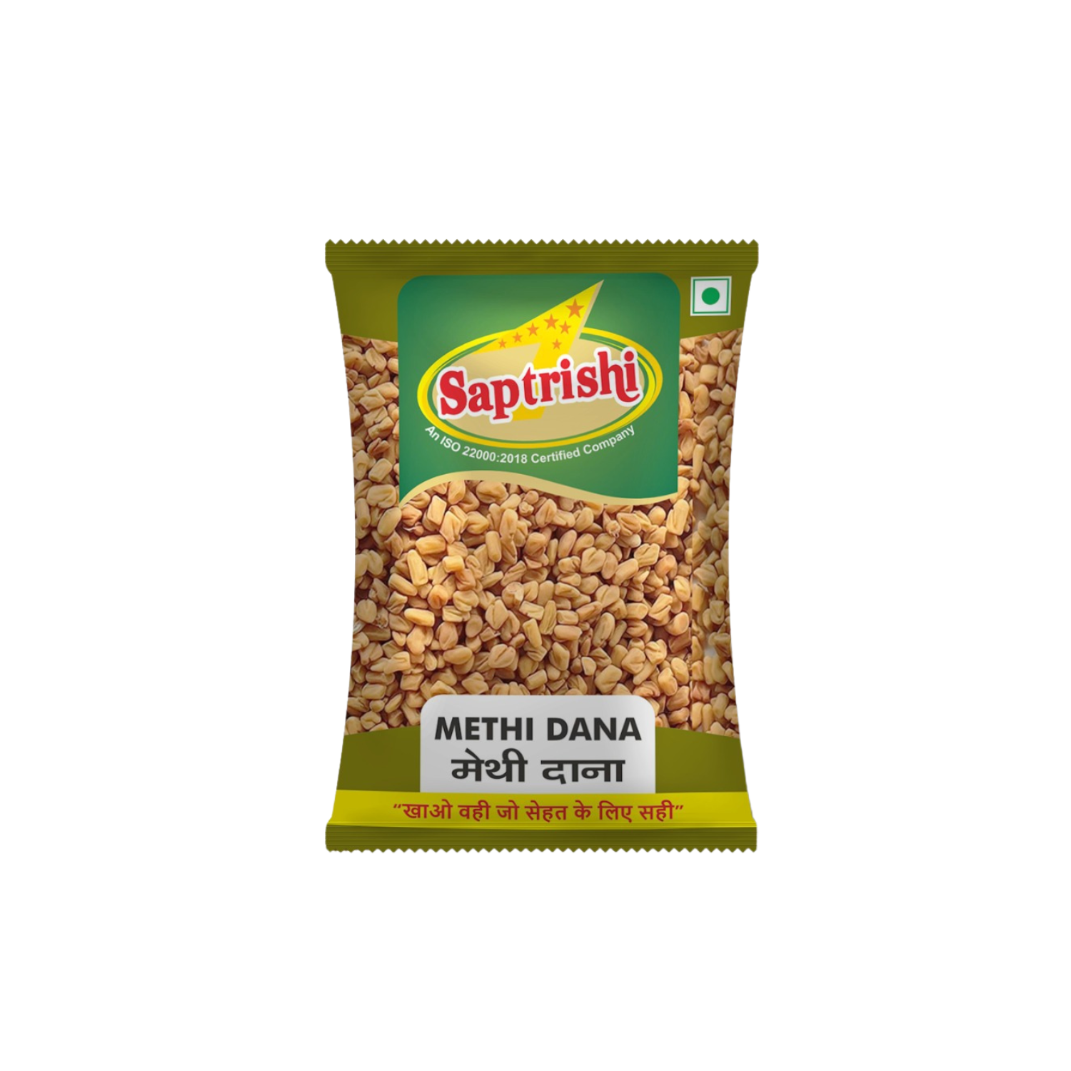 Front-facing SAPTRISHI Methi Dana packet with label