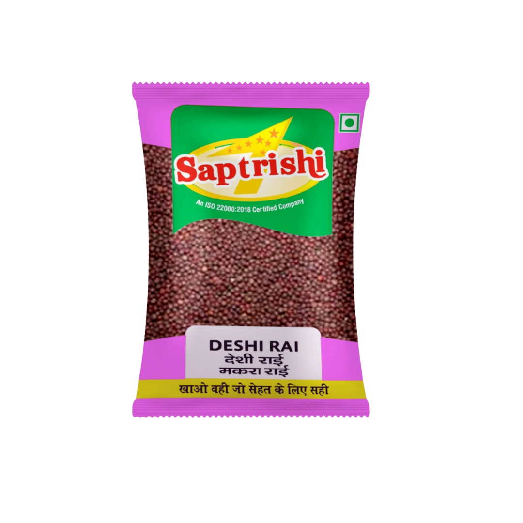 Front view of SAPTRISHI Deshi Rai packet with mustard seeds