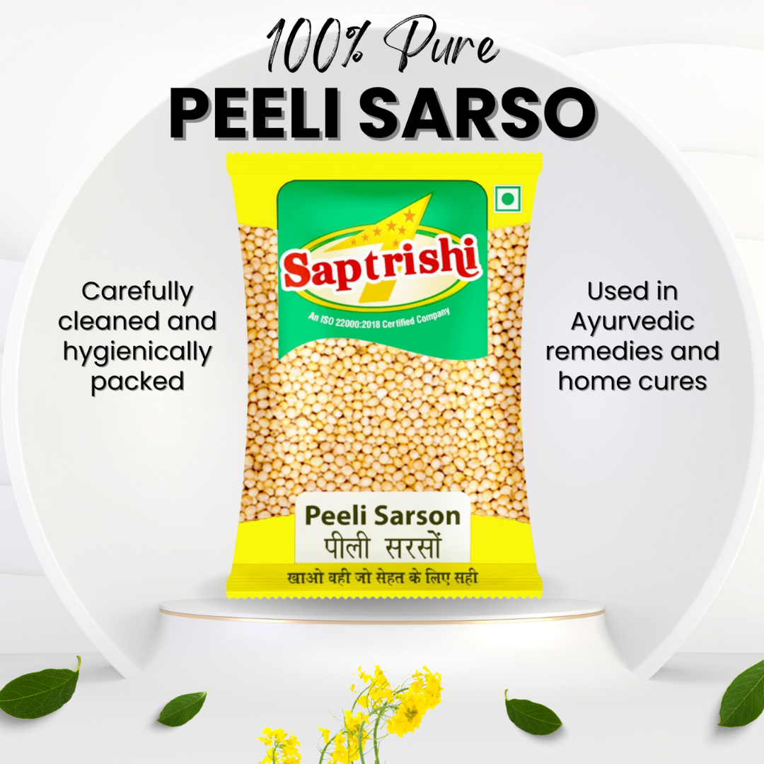 Yellow mustard seeds from SAPTRISHI Pili Sarso in wooden bowl