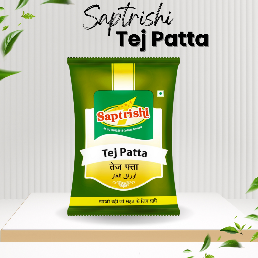 SAPTRISHI Tej Patta pack with loose bay leaves beside it