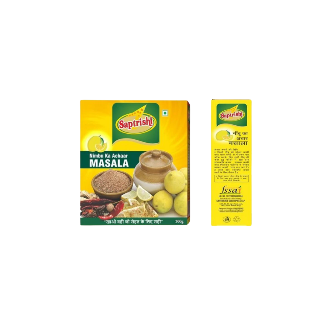 Clean product shot of SAPTRISHI Nimbu Achar Masala packet