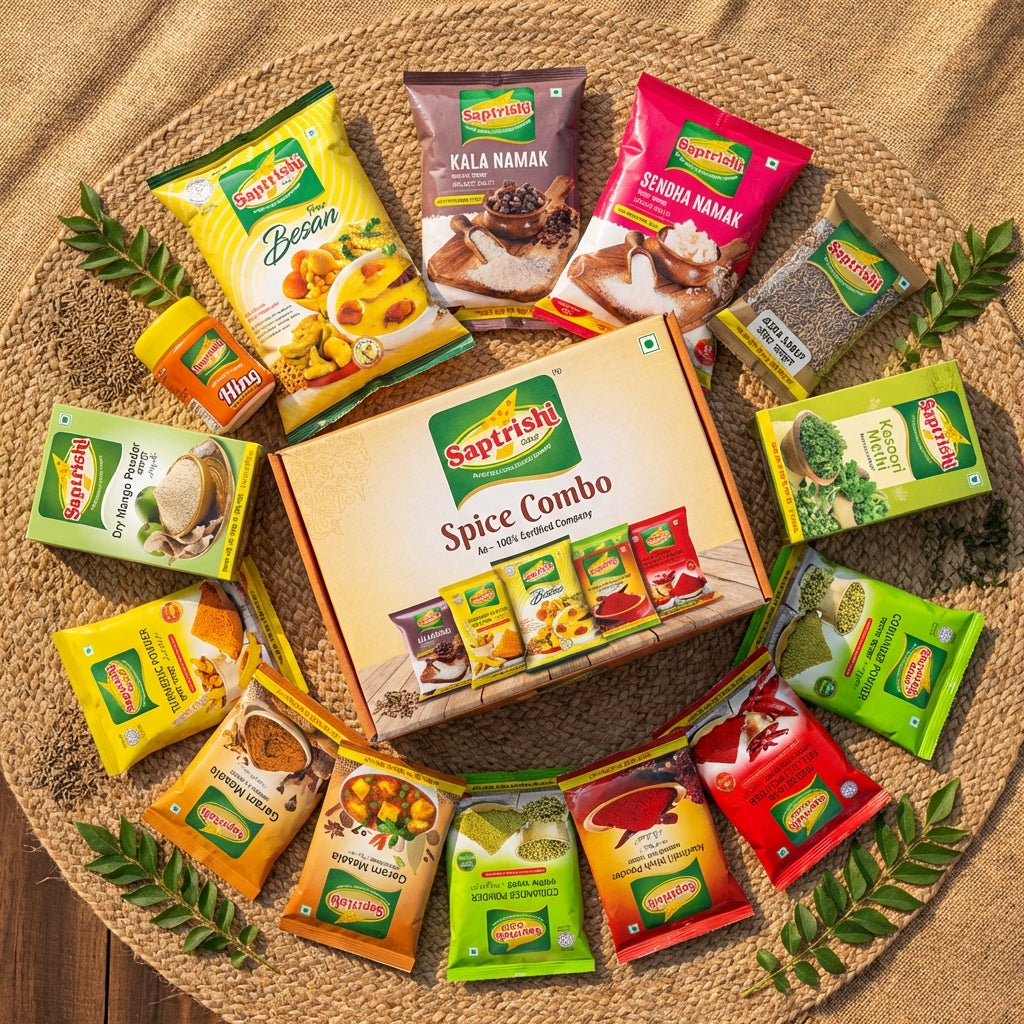 Saptrishi Kitchen Essentials Combo (11 Staples) – Besan, Dalia, Hing, Jeera, Salts, Masalas & More – Everyday Edition