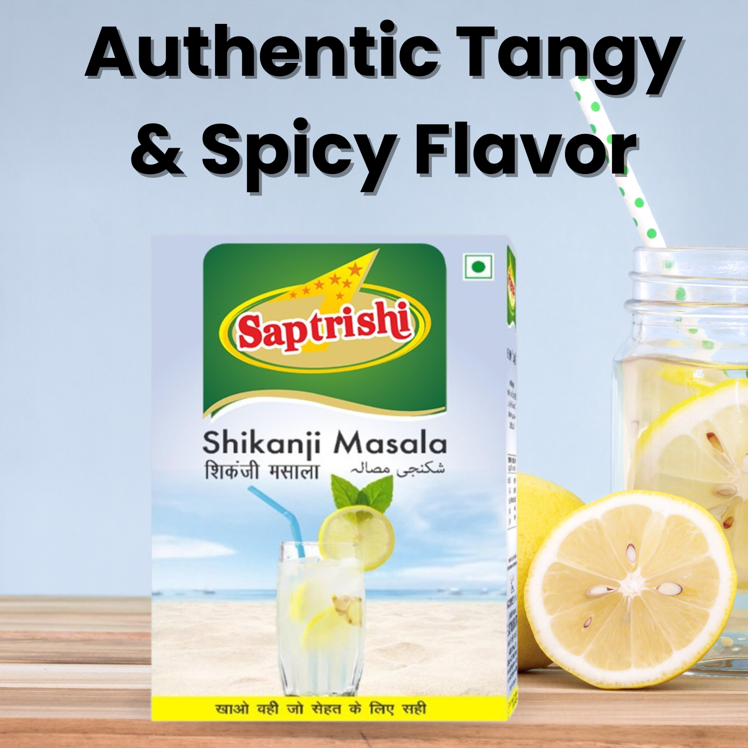 SAPTRISHI Shikanji Masala Powder beside lemon slices and mint leaves