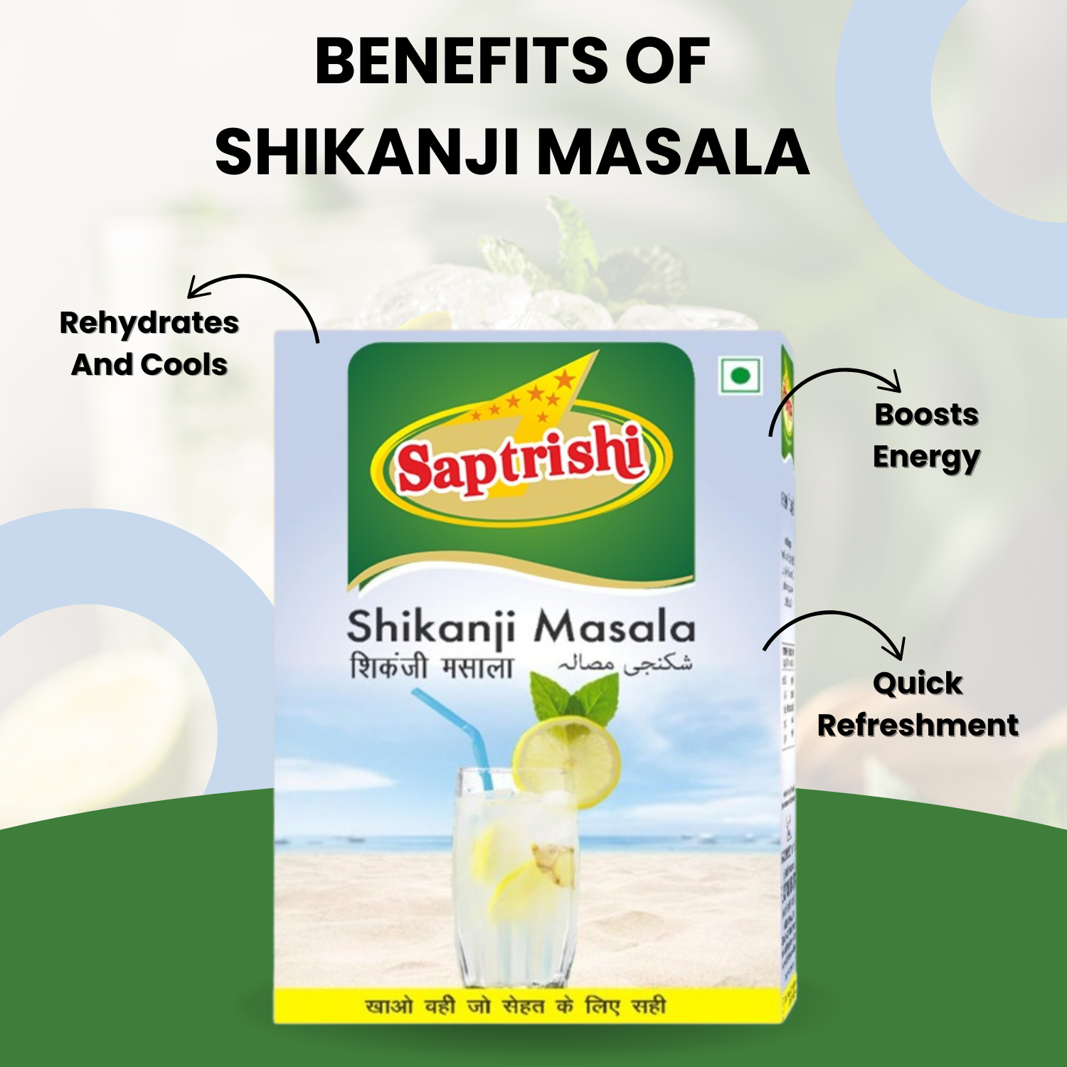 Top-down view of SAPTRISHI Shikanji Masala Powder with glass of shikanji
