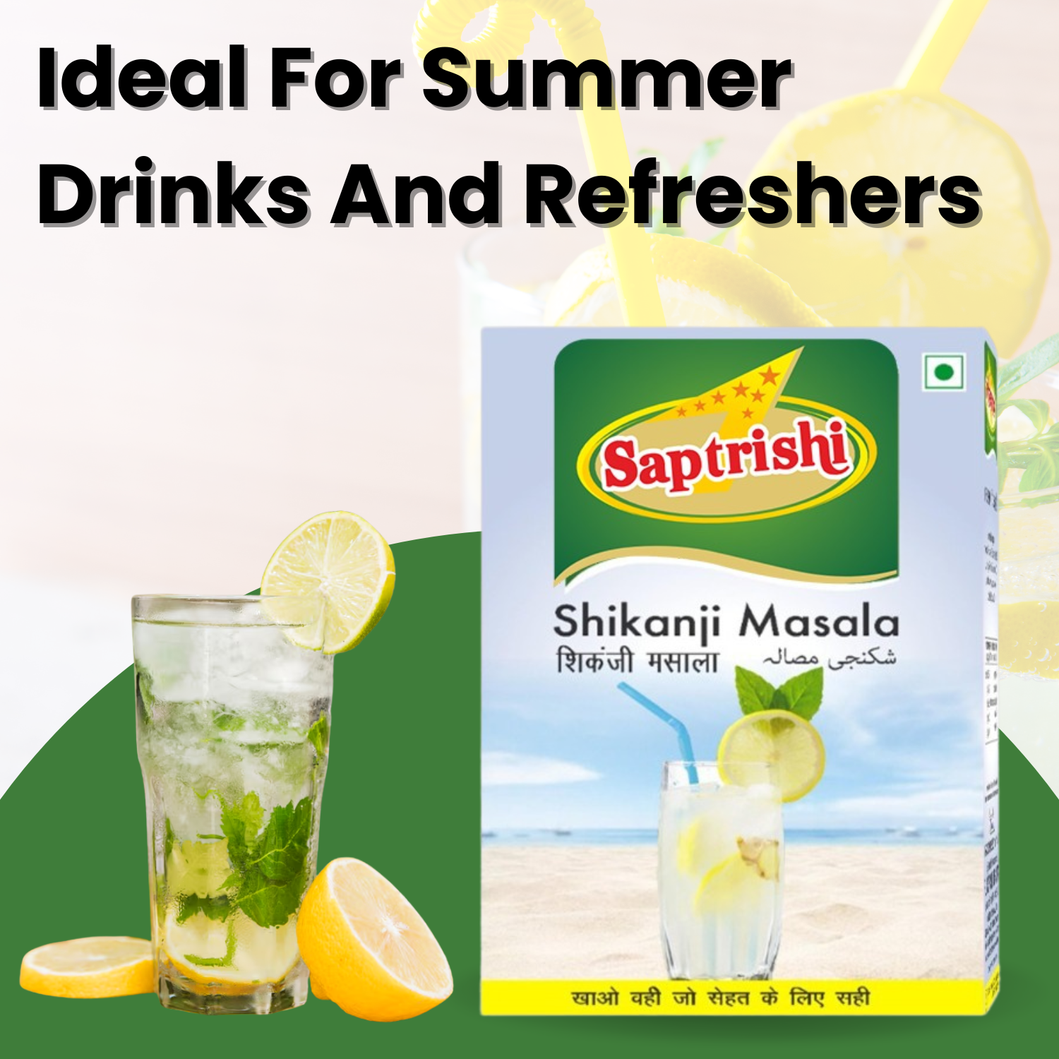 SAPTRISHI Shikanji Masala Powder next to traditional summer drink setup