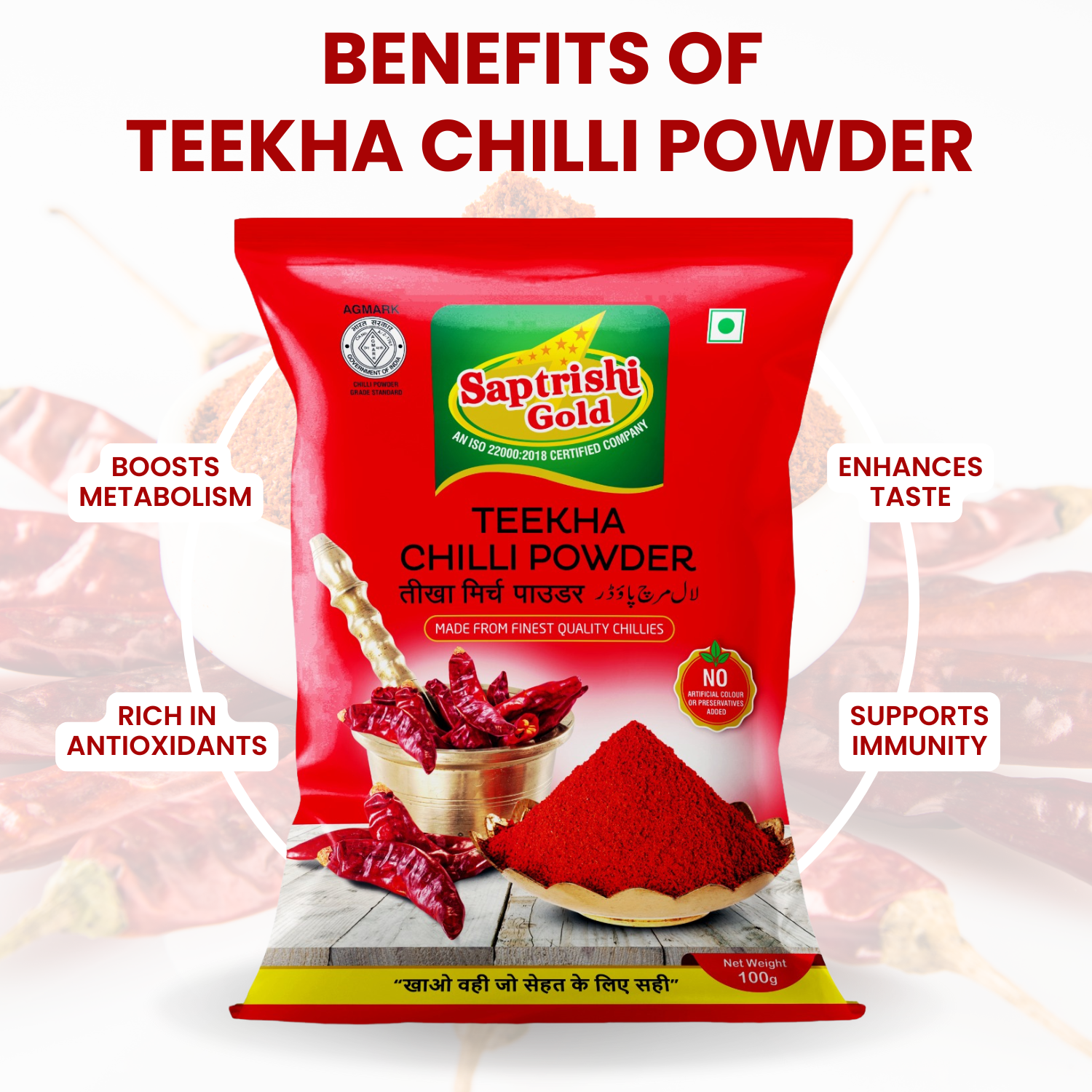 Sealed SAPTRISHI Teekha Lal Mirch Powder pack standing upright