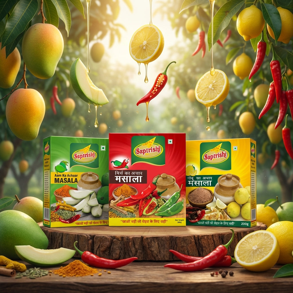 Saptrishi Traditional Achar Masala Combo (3 Essential Pickle Blends) – Aam, Nimbu, Mirch – Pickling Season