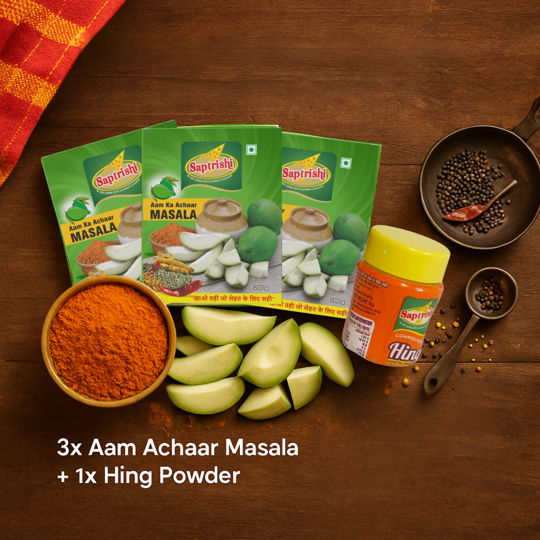 Monthly Pickle & Tadka Combo – Aam Achar Masala (3 Packs) & Hing Powder