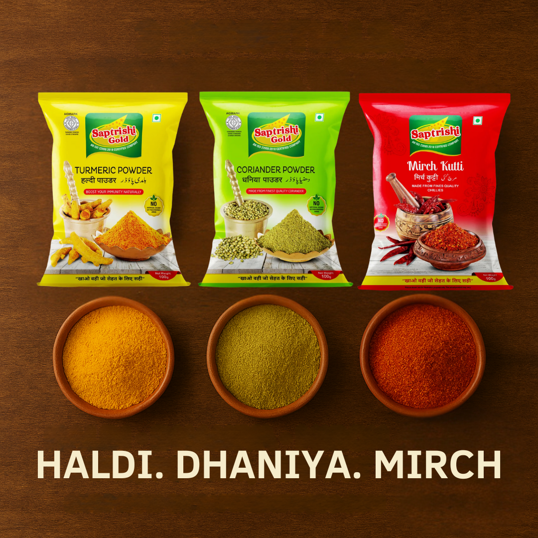 Monthly Kitchen Essentials Combo – Haldi, Dhaniya, Mirch Powder (100g / 200g / 500g each)