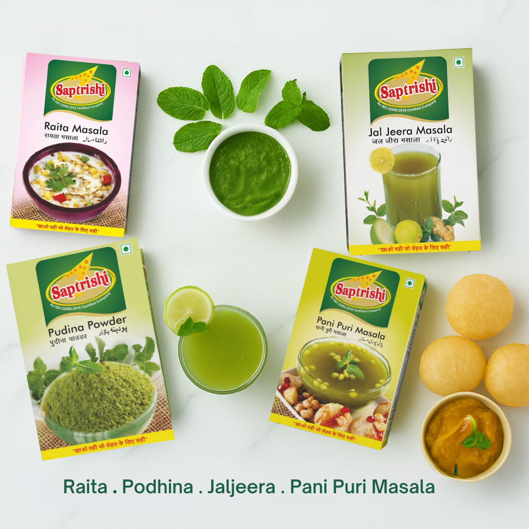 Monthly Street-Style Flavours Combo – Raita, Podhina, Jaljeera & Pani Puri Spices (100g Each)