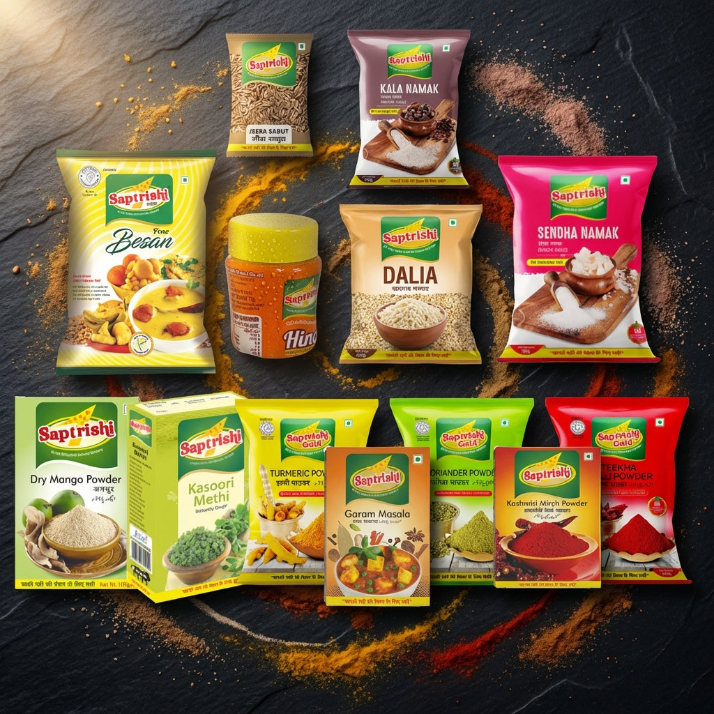 Saptrishi Kitchen Essentials Combo (11 Staples) – Besan, Dalia, Hing, Jeera, Salts, Masalas & More – Everyday Edition