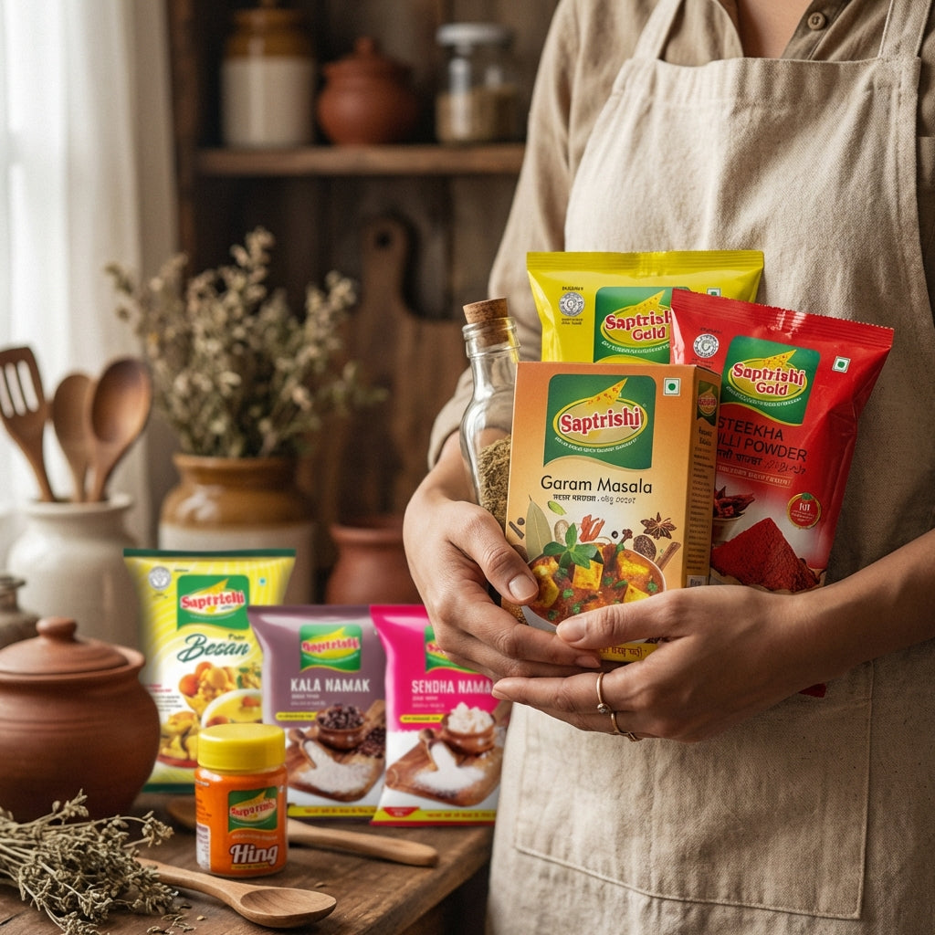 Saptrishi Kitchen Essentials Combo (11 Staples) – Besan, Dalia, Hing, Jeera, Salts, Masalas & More – Everyday Edition