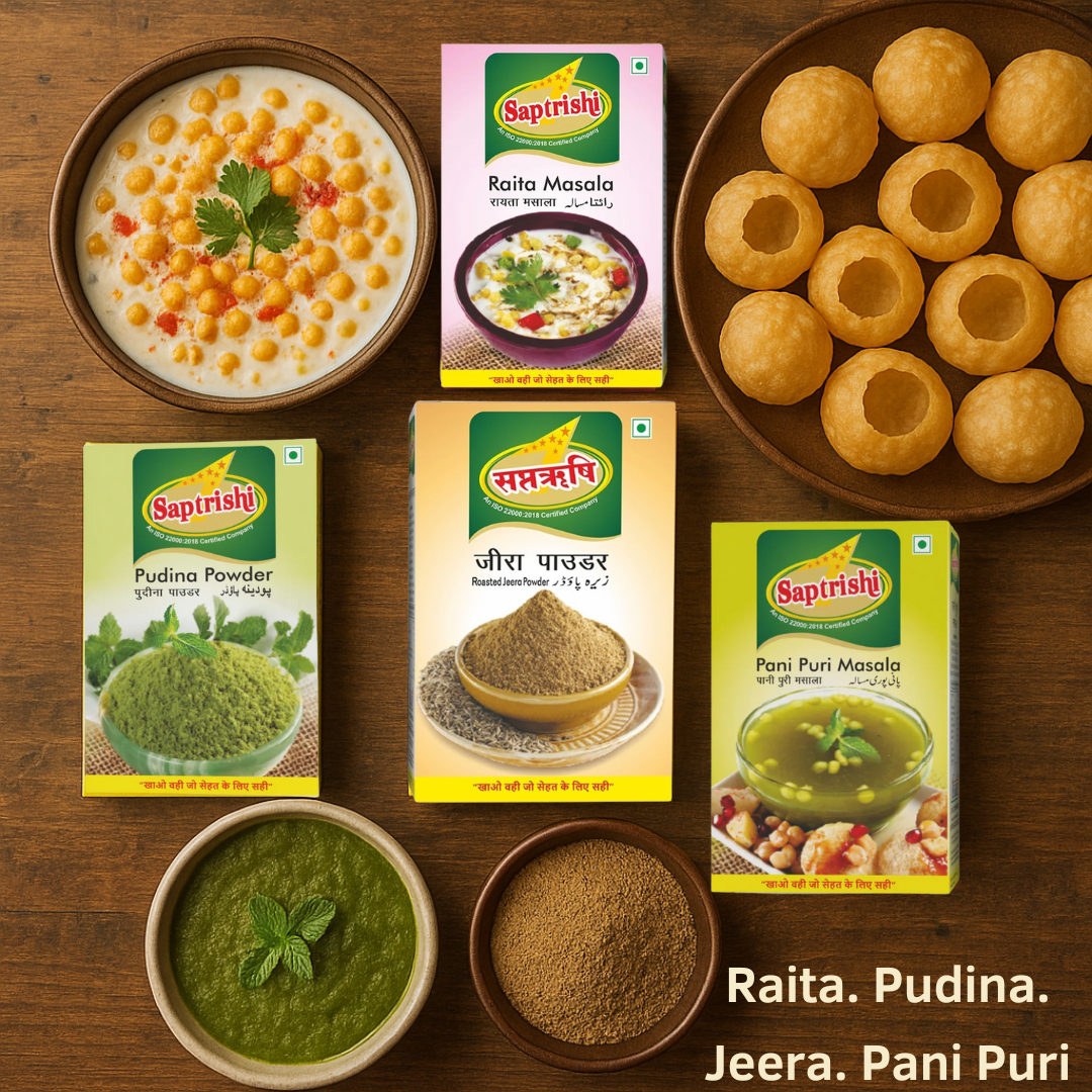 Monthly Snack Flavours Combo – Raita, Podhina, Jeera Roasted & Pani Puri Spices (100g Each)