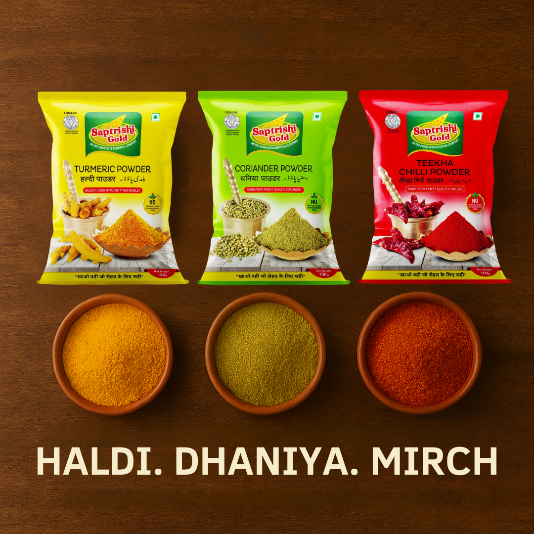 Monthly Kitchen Essentials Combo – Haldi, Dhaniya, Mirch Powder (100g / 200g / 500g each)